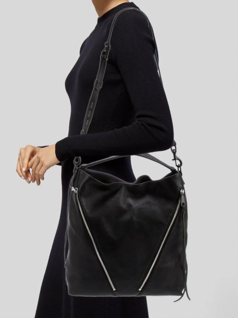 Rebecca Minkoff Black Pebbled Leather Hobo with Additional Strap Side Zippers
